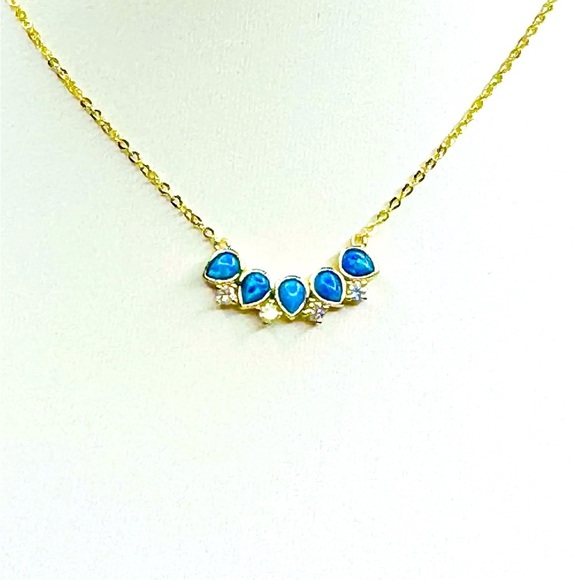 Jewelry - Blue Opal and Simulated Diamond on Sterling Silver and 18K Gold Necklace
